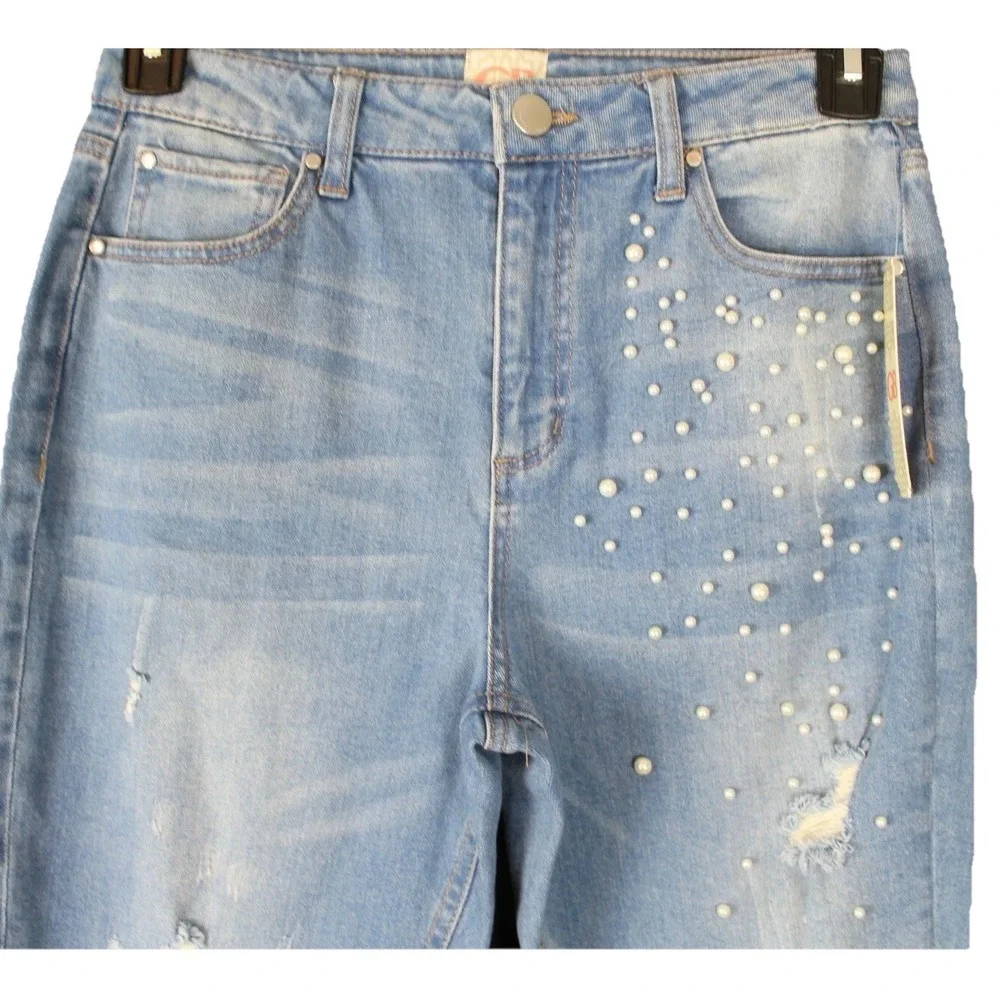 GB Women Jeans Size 7 Blue High Rise Stretch Embellished Distressed Pearl Detail